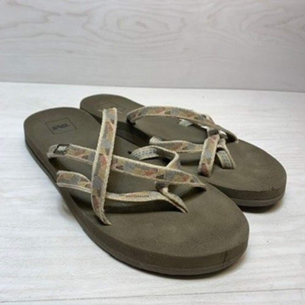 Teva Womens 10 Olowahu Sandals Strappy Flip Flops Brown Geometric 6840